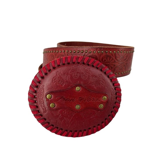 Iron Horse Accessories Iron Horse Loco Red Studded Tooled Western Belt W Tooled Buckle Lxl